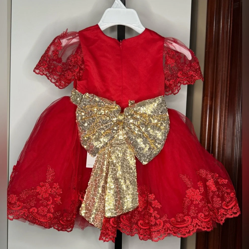 Handmade Red Lace Tulle Dress with Gold Accent - Picture 2 of 3